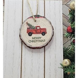Merry Christmas RedTruck Tree Plaid WoodenDisk Holly Ornament/Gift Tag, 2.5 inch